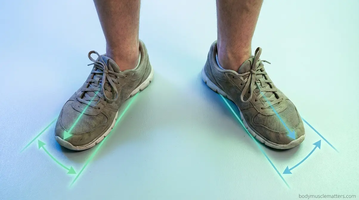 Top-down view of correct squat foot stance with toes turned outward at ideal angle