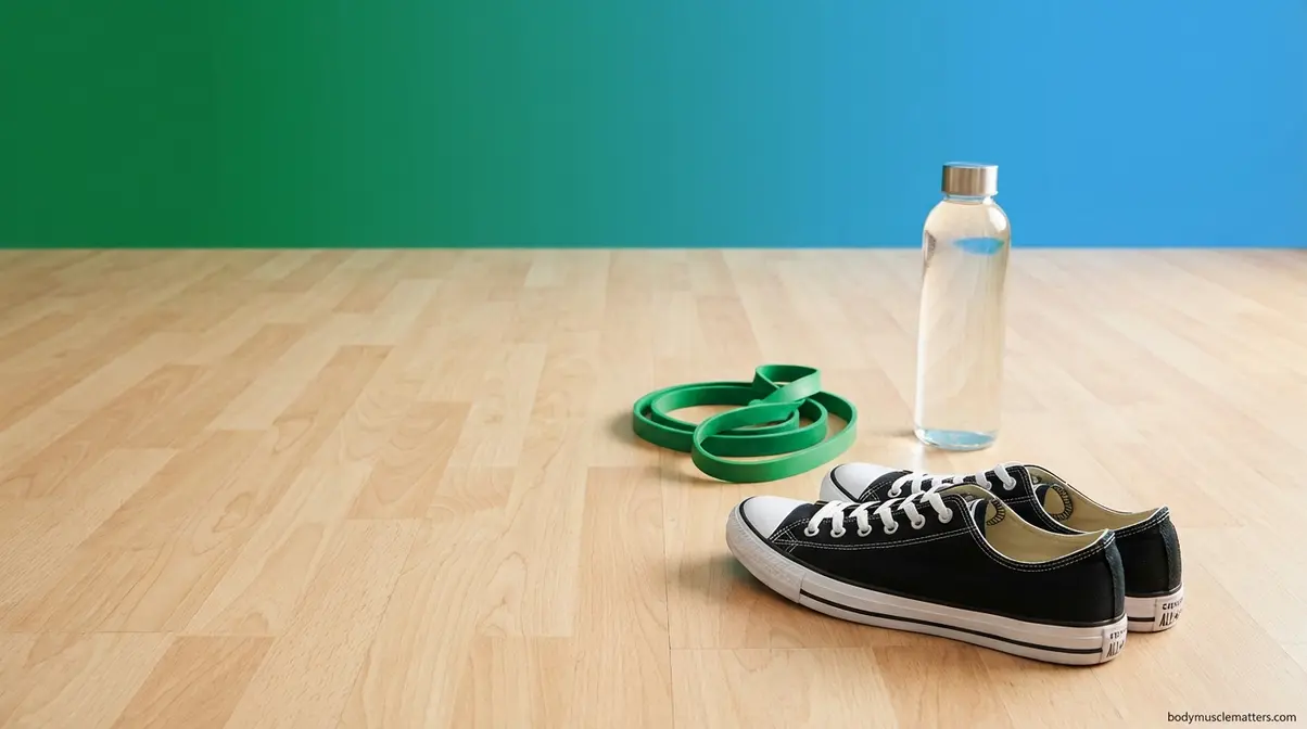 Beginner squat preparation setup with flat shoes and resistance band on gym floor