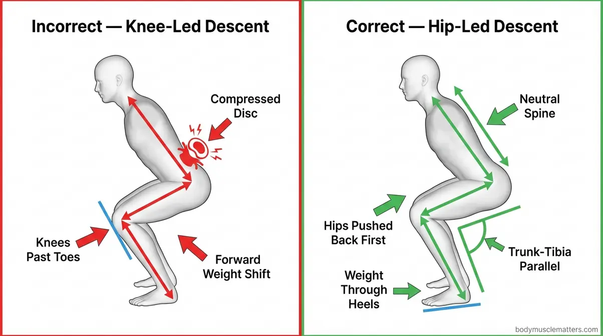 Diagram showing correct trunk-tibia parallel angle during squat descent versus forward-lean error