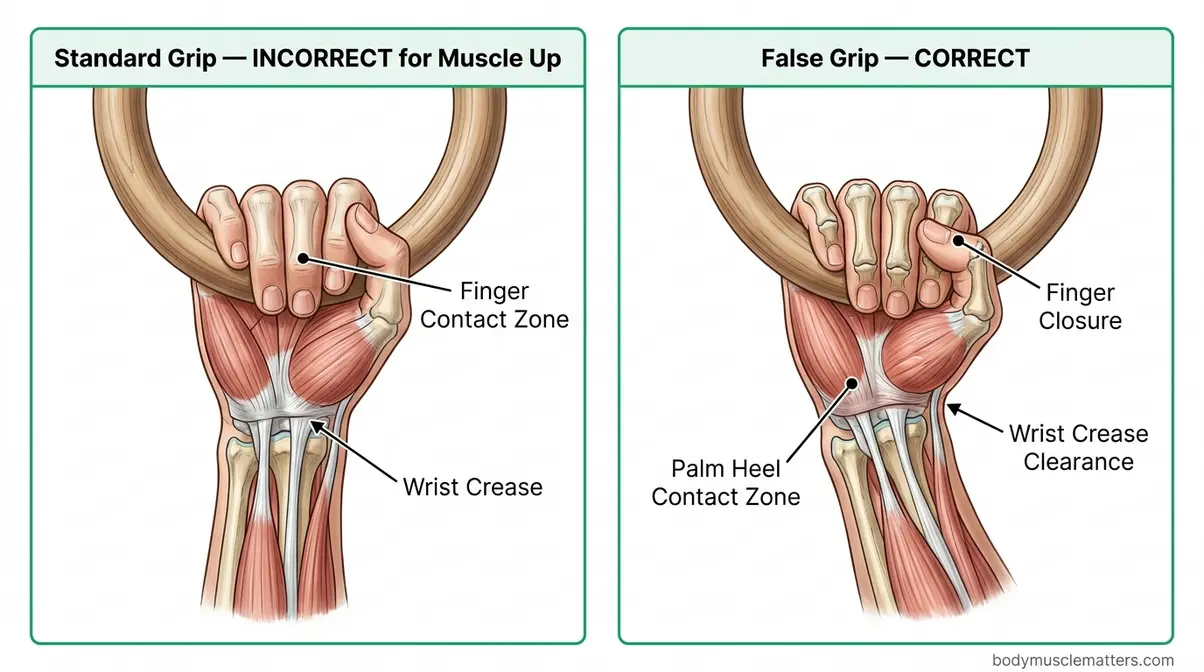 False grip hand position diagram for ring muscle up showing correct palm heel contact with ring