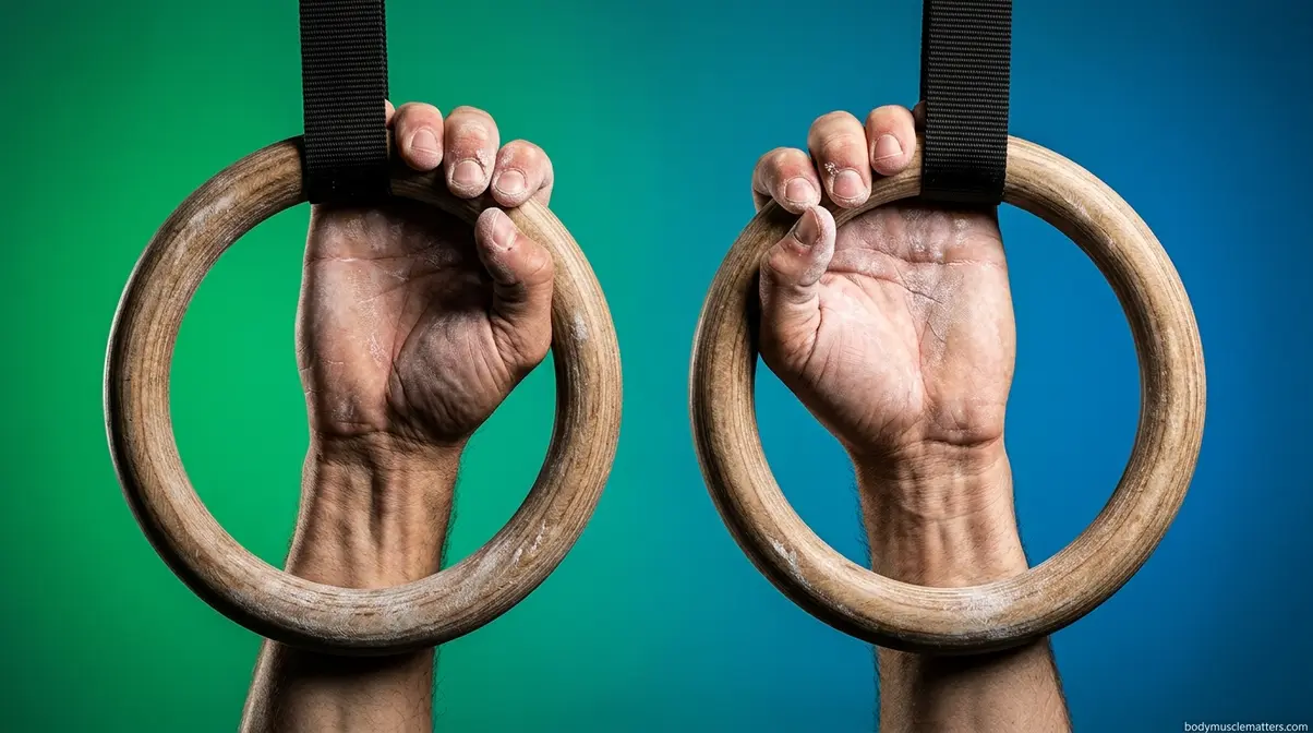 Close-up of false grip hand position on gymnastic rings for ring muscle up training drills