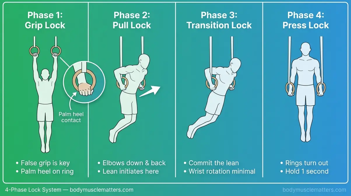 Ring muscle up 4-phase lock system infographic showing grip pull transition and press phases