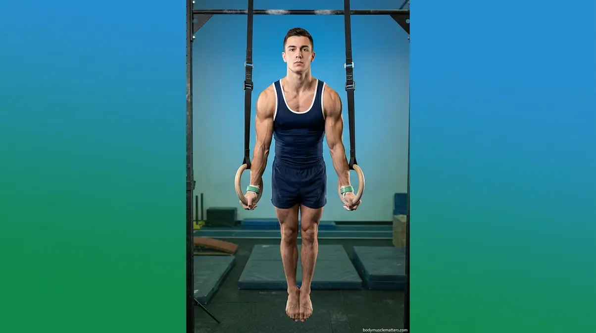Athlete in ring muscle up locked-out support position with arms extended and rings turned out
