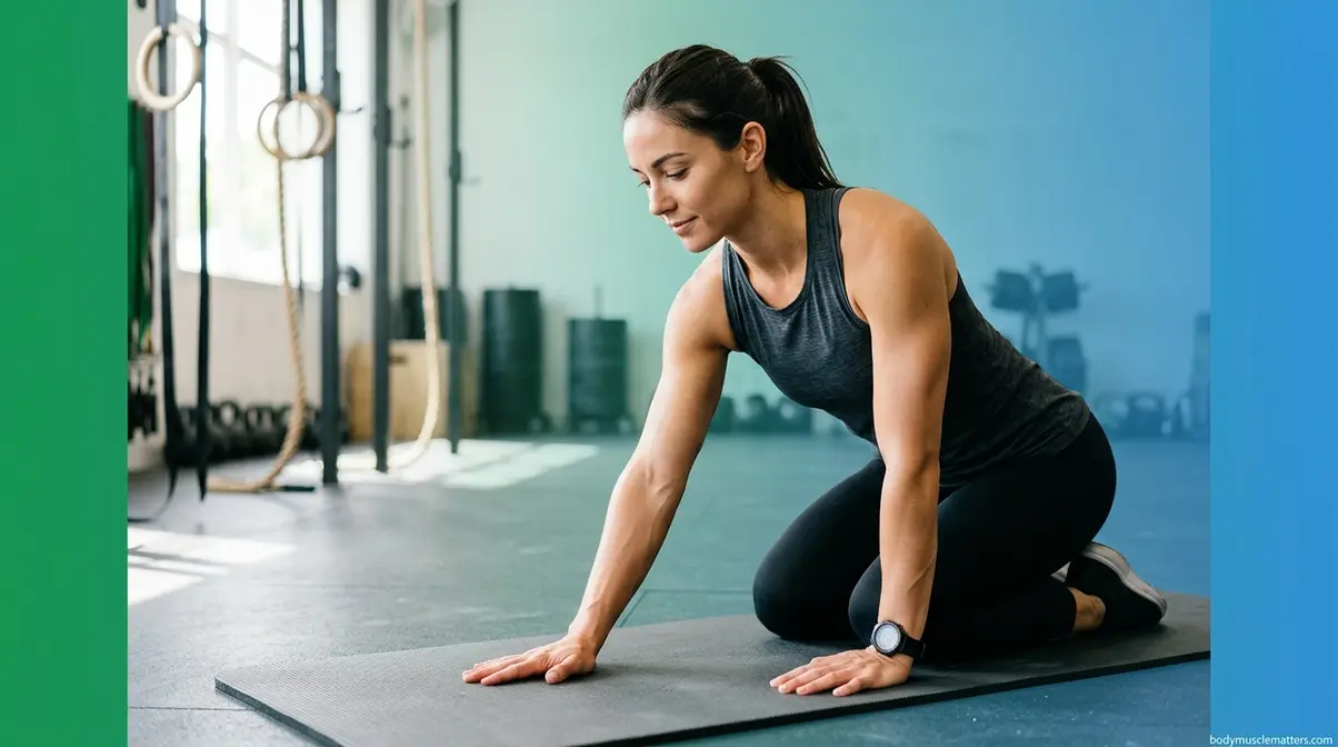 Athlete performing wrist flexor pre-hab stretch for ring muscle up injury prevention