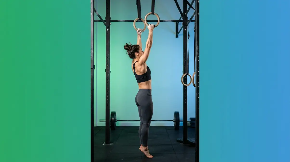Athlete performing strict pull-up on gymnastic rings demonstrating ring muscle up prerequisites