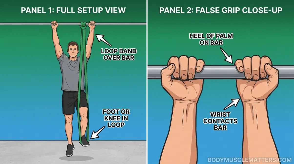 Band-assisted muscle up progression setup for beginners with false grip detail