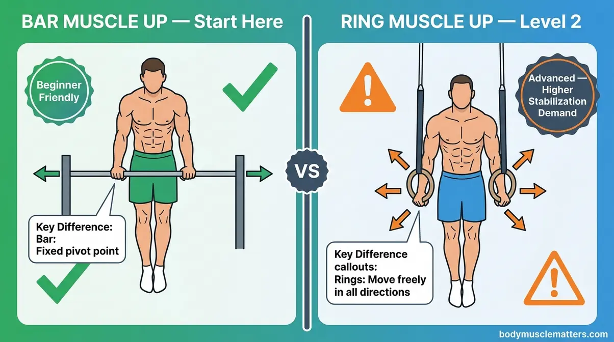 Bar vs ring muscle up comparison showing stability demands and recommended starting point for beginners