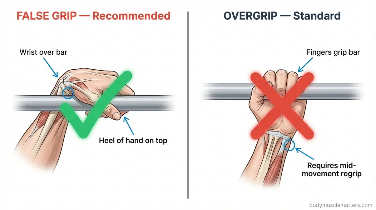 Side-by-side diagram comparing false grip and overgrip hand positions on a pull-up bar for doing a muscle-up