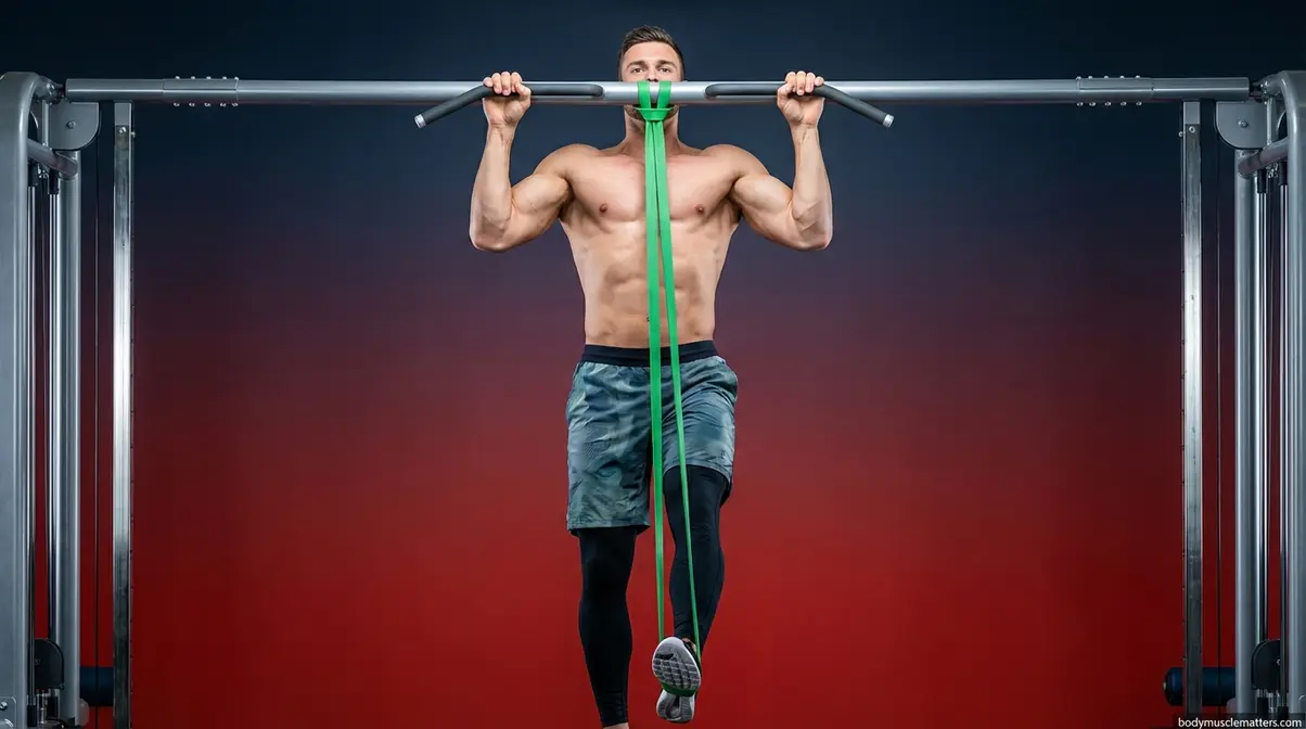 Athlete performing a band-assisted muscle-up drill with resistance band on a pull-up bar for beginner progression