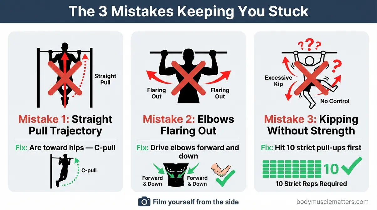 Visual guide showing three common muscle-up mistakes — straight pull trajectory, elbow flare, and premature kipping — with correction cues
