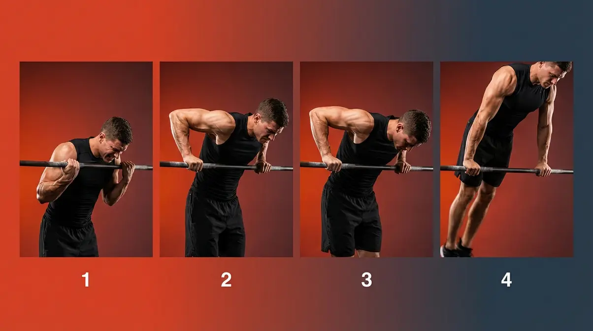 Four-frame sequence showing the muscle-up transition ceiling phase with elbows breaking forward and chest tipping over the bar