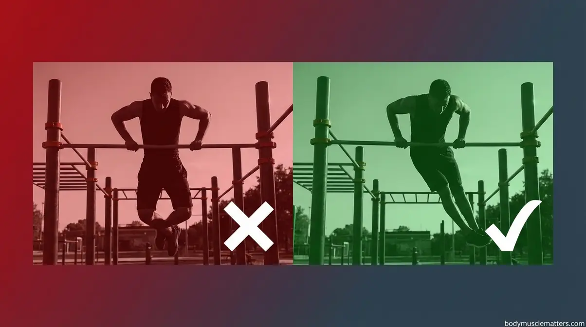 Side-by-side comparison showing incorrect elbow flare versus correct elbow-forward position at the muscle-up transition