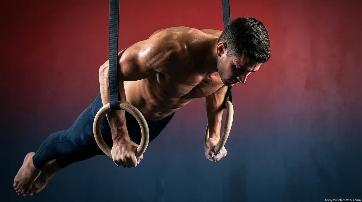 Athlete performing a ring muscle-up transition showing the advanced grip rotation from pronated to neutral on gymnastics rings