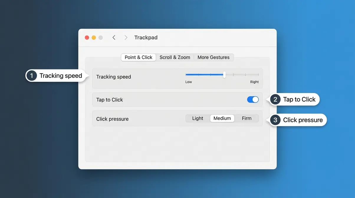macOS Sequoia Trackpad System Settings panel showing tracking speed, Tap to Click, and click pressure controls