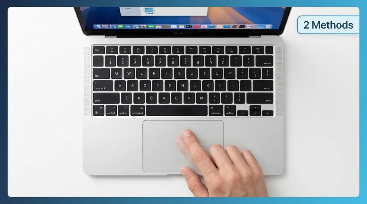 MacBook Air trackpad showing double-click gesture with finger in mid-tap position above silver surface