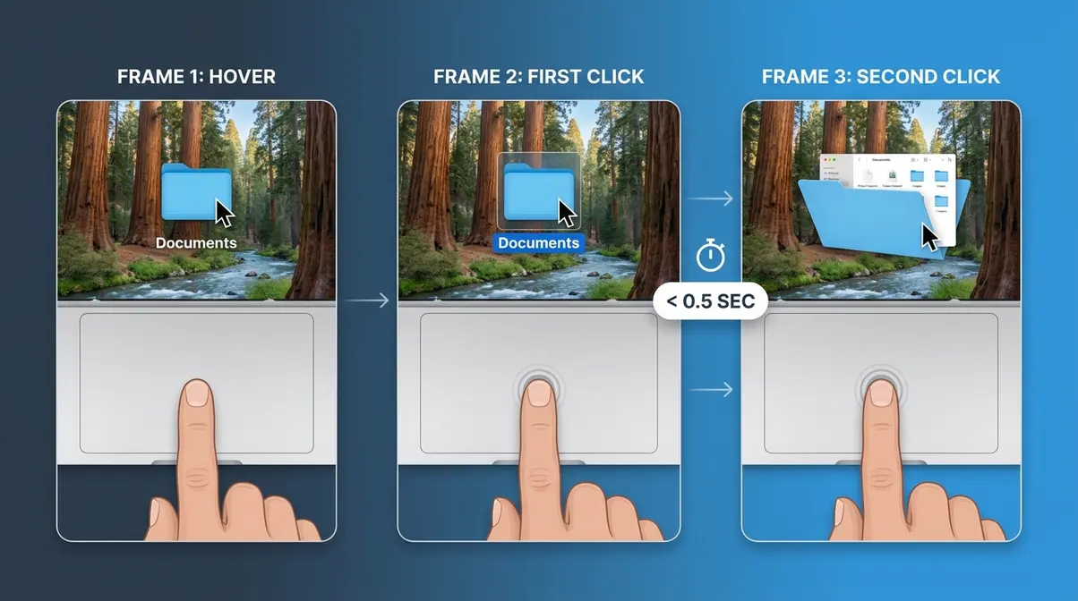 How to double click on MacBook trackpad physical press method shown in three sequential steps