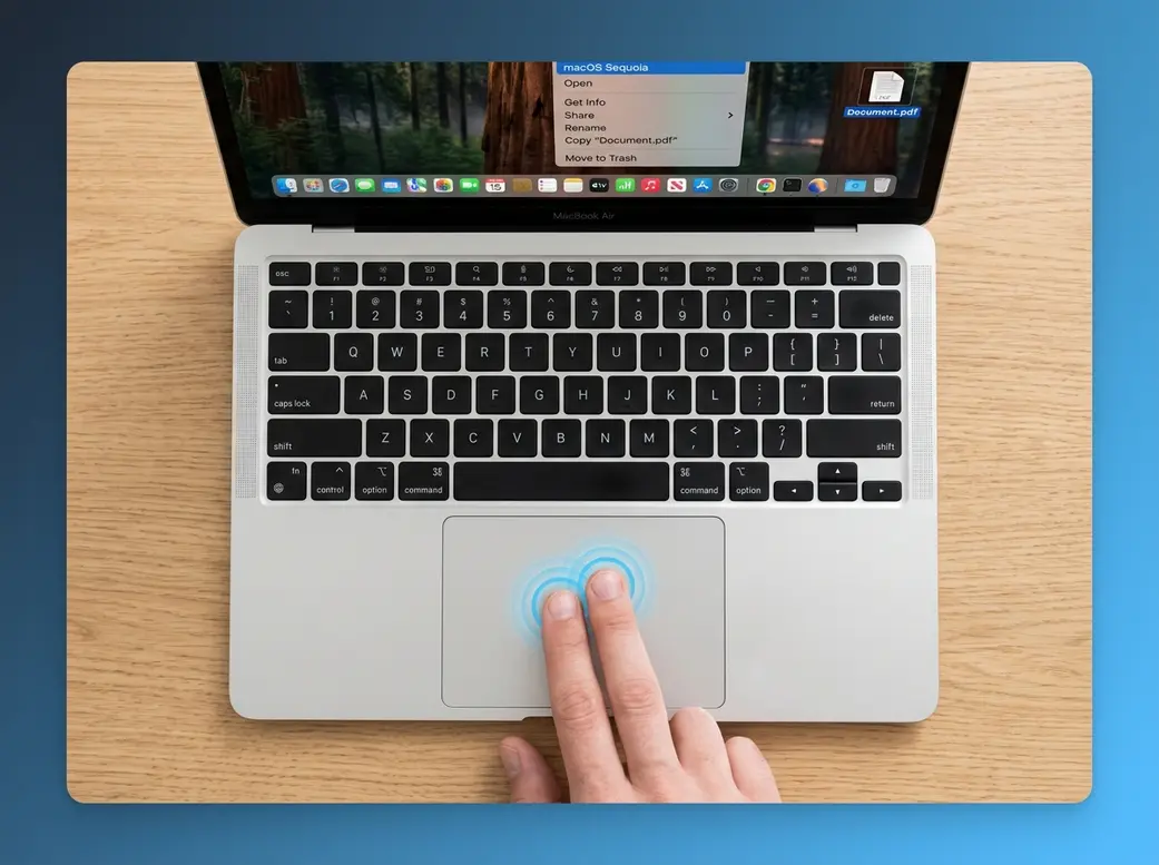 Two fingers resting on MacBook trackpad demonstrating right-click gesture on macOS Sequoia
