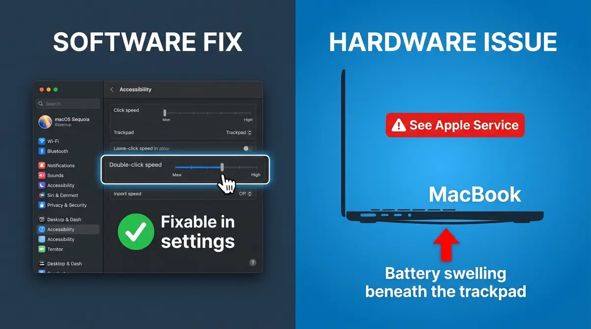 MacBook trackpad troubleshooting guide showing software fix versus hardware swollen battery issue diagnosis