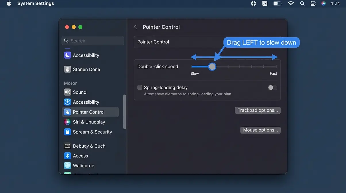 macOS Sequoia Accessibility Pointer Control panel showing Double-click speed slider position for adjustment