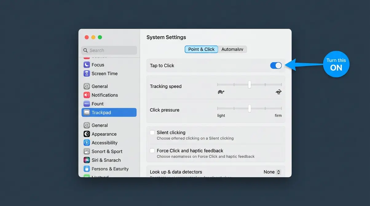 macOS Sequoia System Settings Trackpad Point and Click panel with Tap to Click toggle enabled in blue