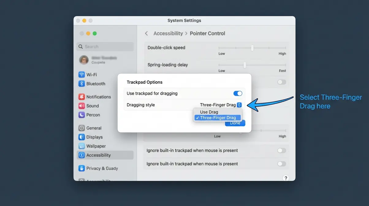 macOS Sequoia Accessibility Pointer Control Trackpad Options modal showing Three-Finger Drag selected in dropdown
