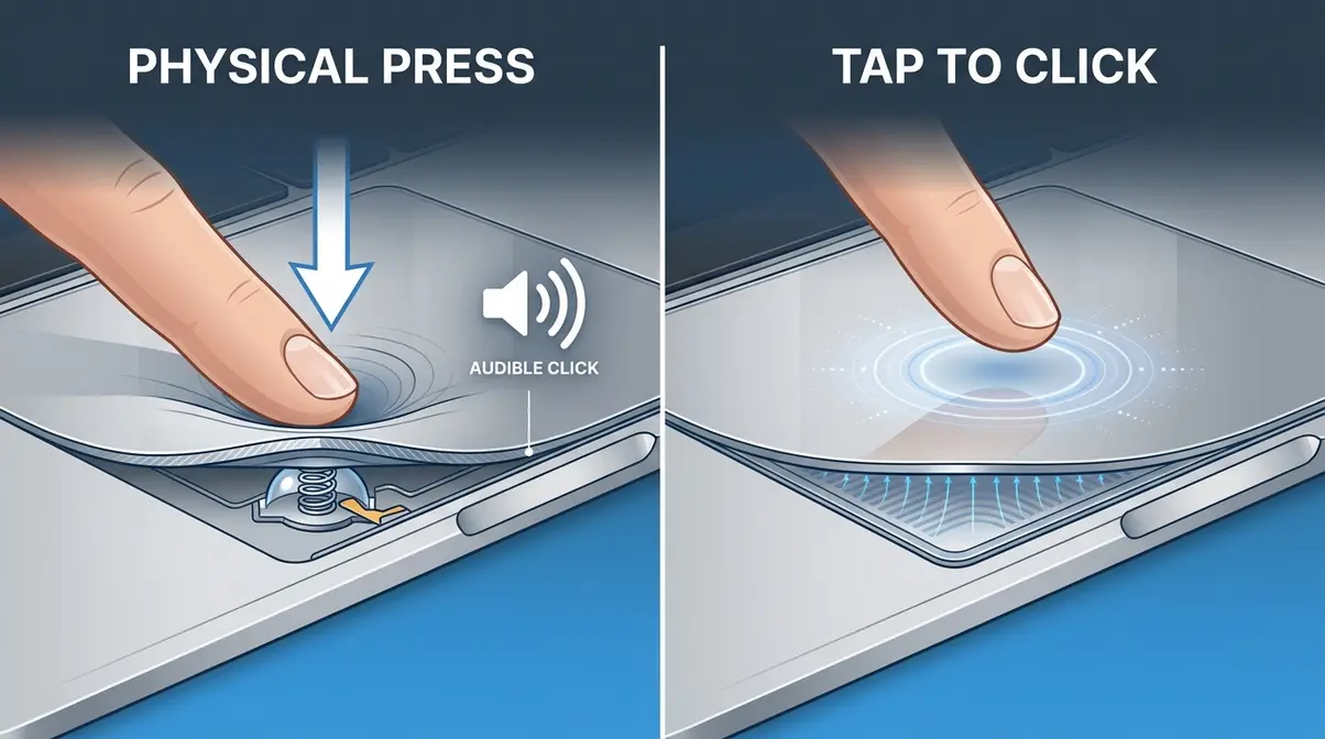 MacBook trackpad physical press versus Tap to Click gesture side-by-side comparison diagram