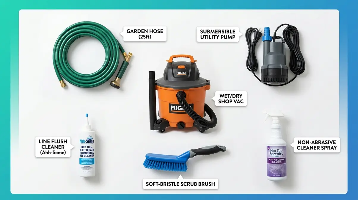 Equipment needed to drain a hot tub including submersible pump, garden hose, shop vac, and line flush cleaner