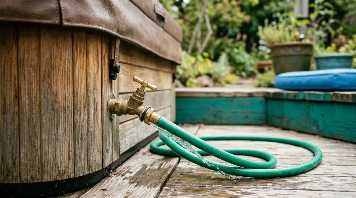 Garden hose attached to hot tub drain spigot at base of cabinet exterior with water flowing out
