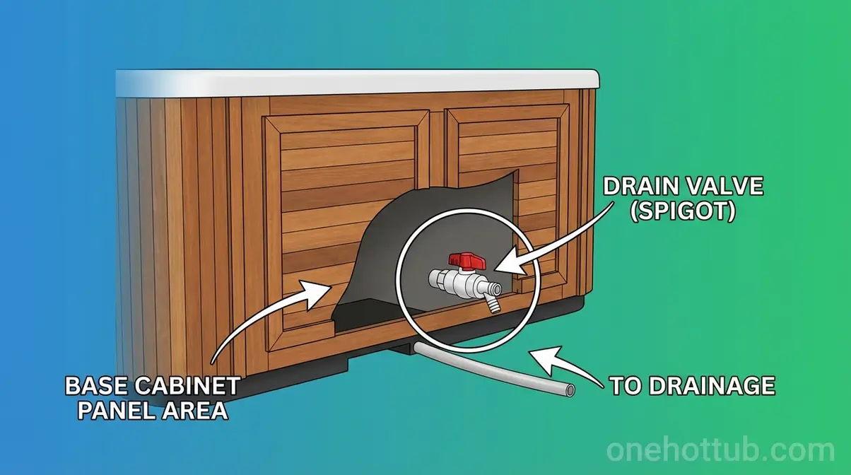 How to Drain a Hot Tub Quickly: 4 Easy Methods (2026) 4 diagram showing where to find the drain valve on a hot tub near the base cabinet panel