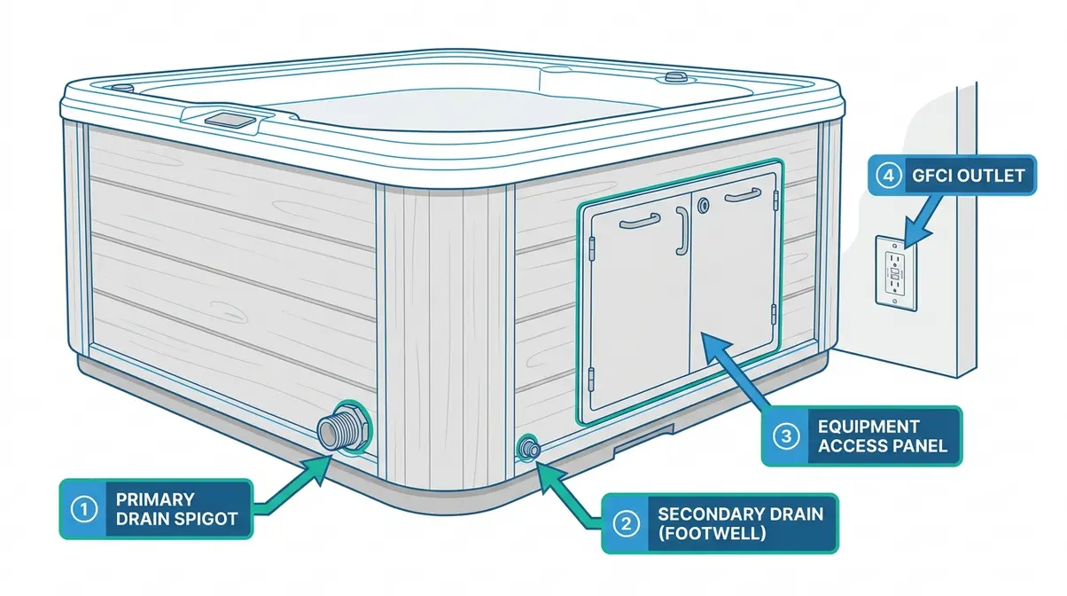 Diagram showing hot tub drain valve and spigot locations on a typical cabinet exterior with labeled callouts