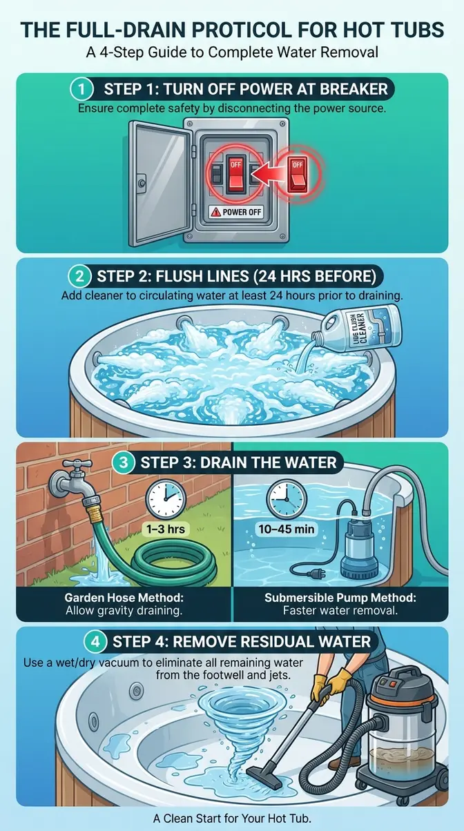 Illustrated four-step infographic showing how to drain a hot tub using spigot and submersible pump methods