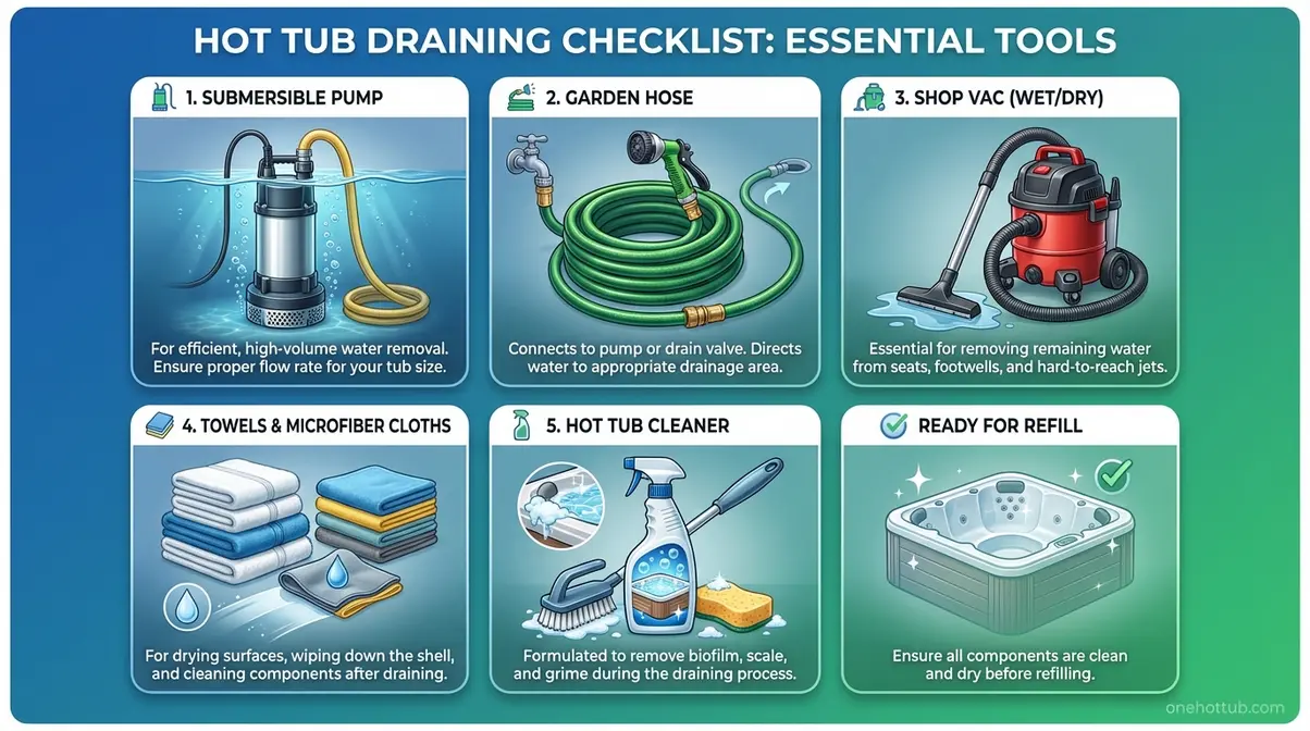 How to Drain a Hot Tub Quickly: 4 Easy Methods (2026) 1 checklist of tools needed to drain a hot tub including submersible pump and garden hose