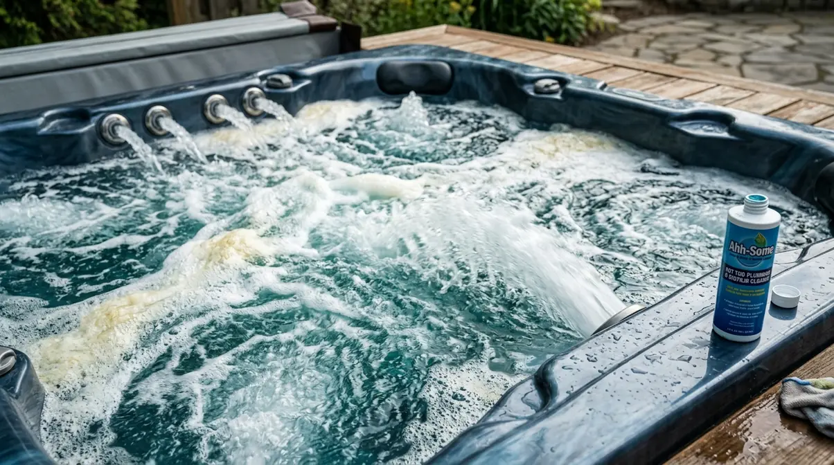 Hot tub jets running on high with line flush cleaner circulating showing biofilm foam on water surface