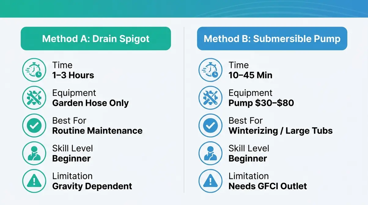 How to Drain a Hot Tub: Step-by-Step Guide (2026) 8 Infographic comparing submersible pump versus drain spigot hose methods for draining a hot tub by time, cost, and equipment