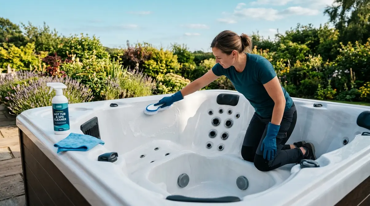 Person scrubbing empty hot tub shell interior with soft brush and non-abrasive cleaner after draining