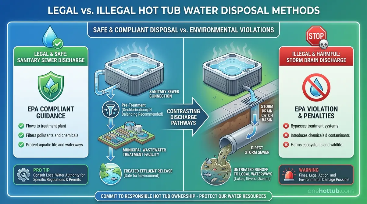 How to Drain a Hot Tub Quickly: 4 Easy Methods (2026) 7 infographic showing legal and illegal hot tub water disposal methods with EPA compliance guidance
