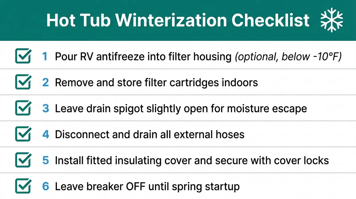How to Drain a Hot Tub: Step-by-Step Guide (2026) 10 Winterization checklist graphic for draining a hot tub for cold weather showing six steps from line blow-out to cover installation