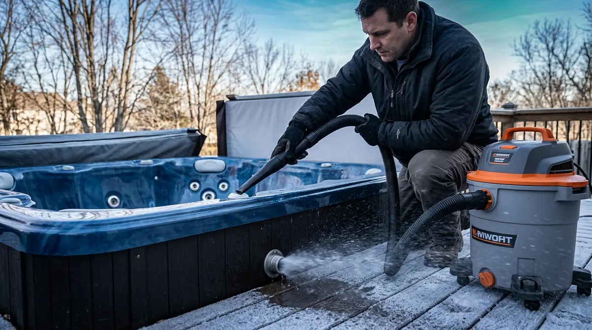 How to Drain a Hot Tub: Step-by-Step Guide (2026) 9 Person using shop vac in blow mode against hot tub jet opening to clear plumbing lines before winter storage