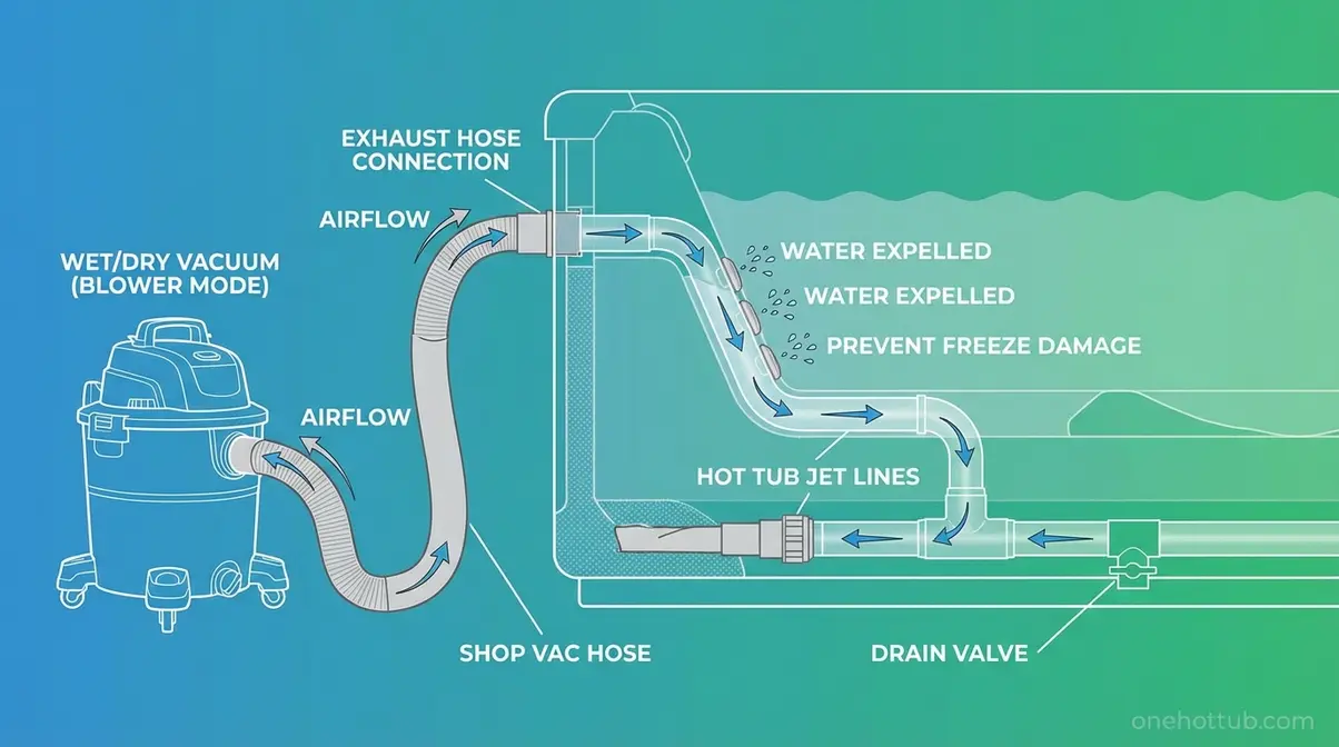 How to Drain a Hot Tub Quickly: 4 Easy Methods (2026) 5 illustration of shop vac blowing out hot tub jet lines to prevent pipe freeze damage