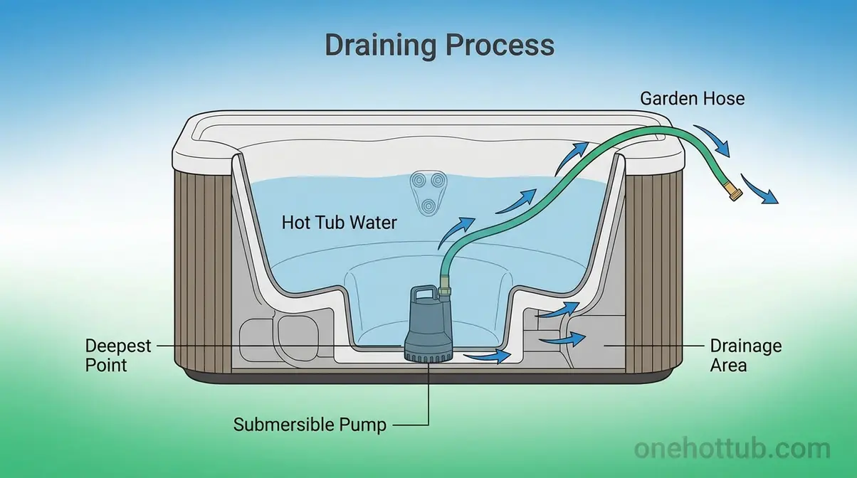 How to Drain a Hot Tub Quickly: 4 Easy Methods (2026) 3 diagram showing how to drain a hot tub with a submersible pump placed at deepest point