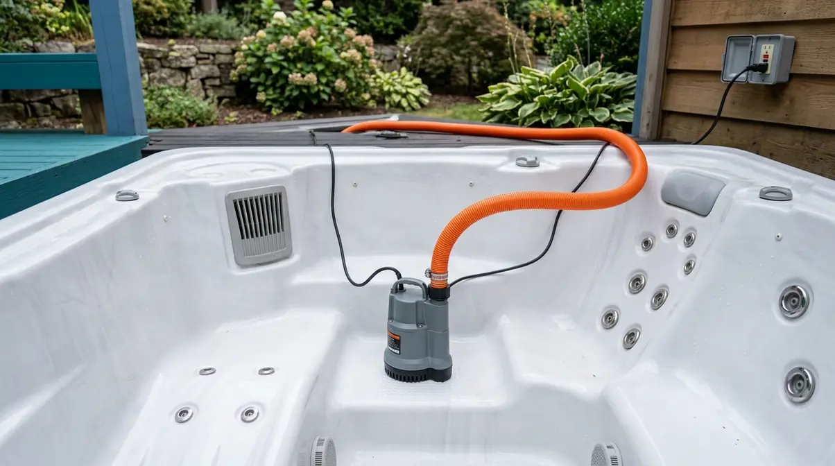 Submersible utility pump placed in hot tub footwell with discharge hose draining water in 10 to 45 minutes