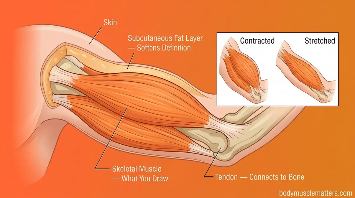 Anatomy for artists diagram showing skeletal muscle subcutaneous fat layer and tendon cross-section for drawing