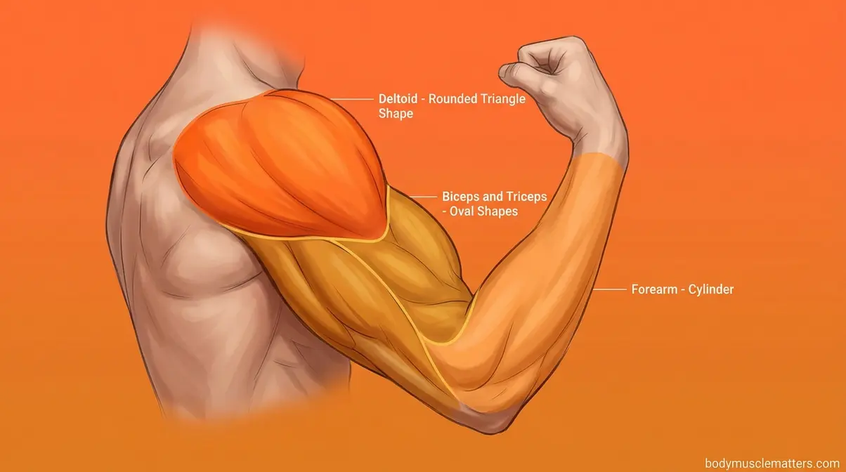Arm and shoulder muscle drawing guide showing deltoid bicep tricep forearm zones for figure drawing