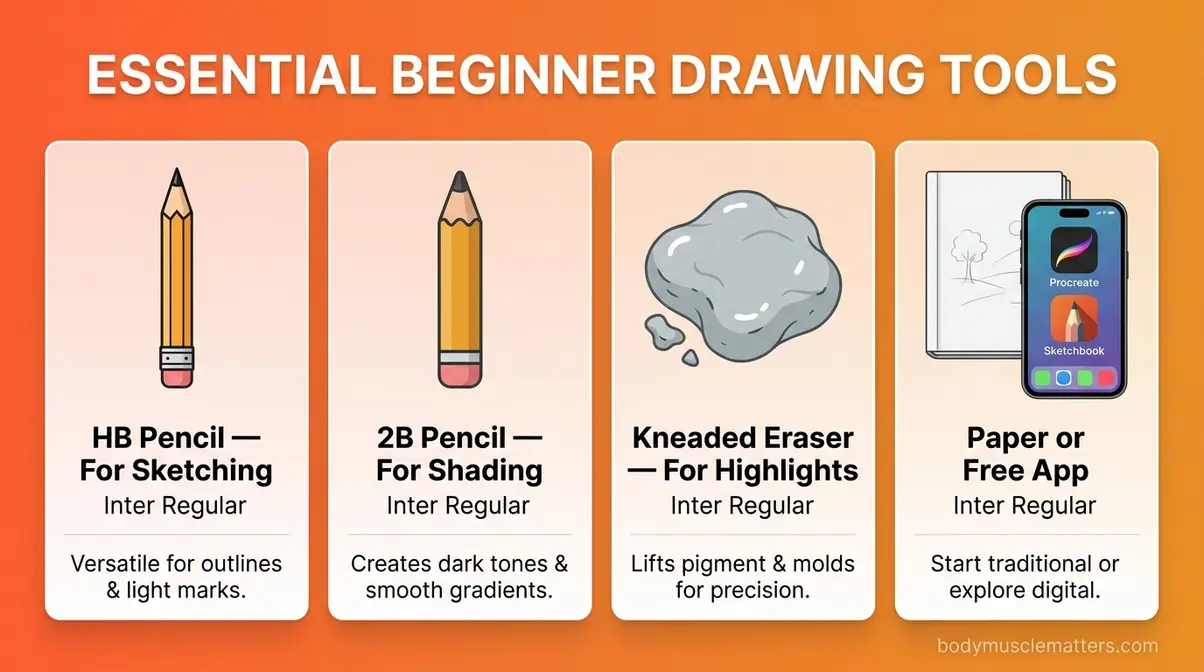 Beginner drawing tools checklist showing HB pencil, 2B pencil, kneaded eraser, and paper or digital app