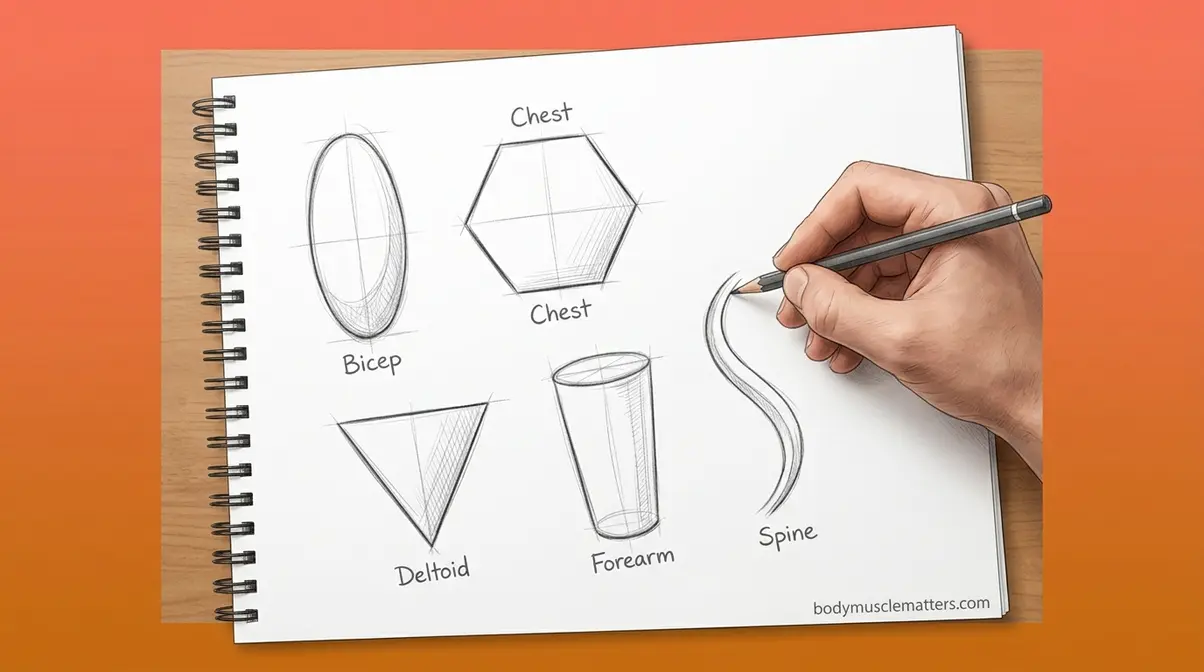 Five geometric base shapes for drawing muscles including oval hexagon triangle cylinder and S-curve on sketchpad