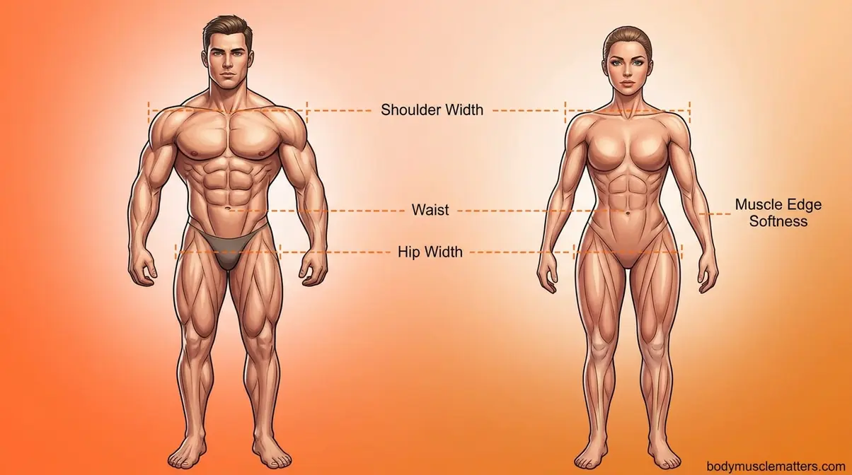 Male versus female musculature comparison showing shoulder hip ratio muscle definition differences for figure drawing