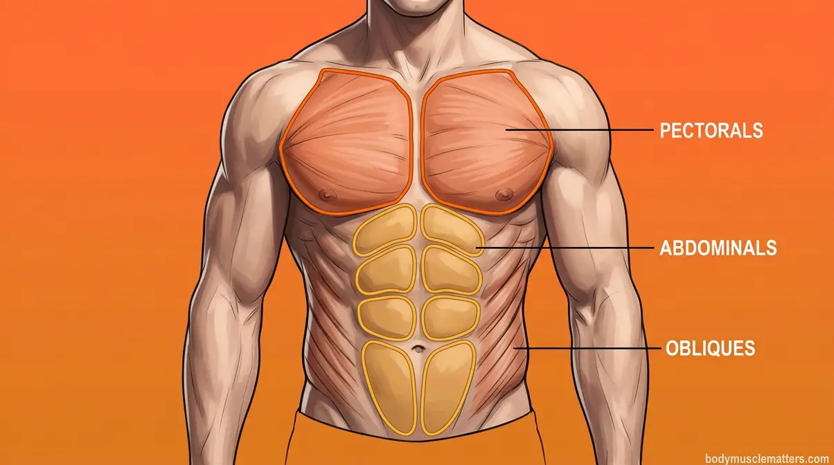 Muscular torso diagram showing chest pectorals abs obliques regions for figure drawing beginners