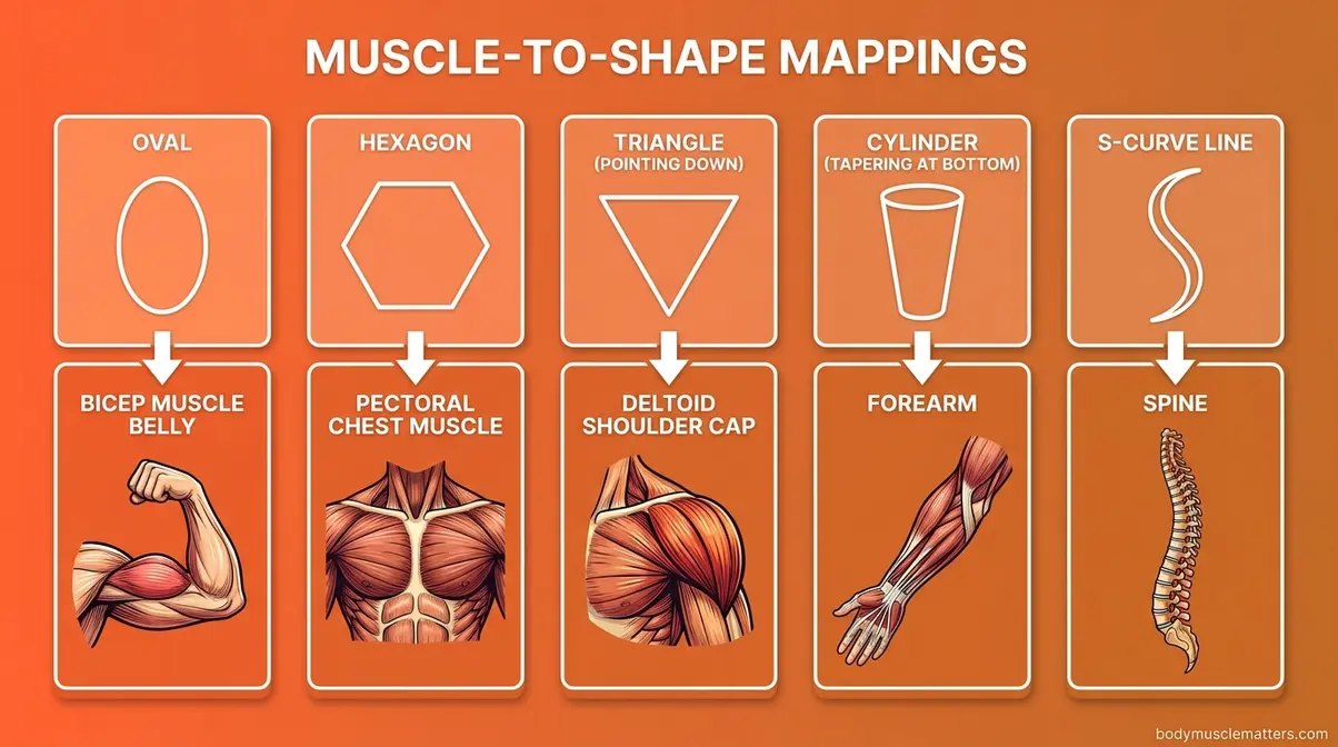 Muscle group to geometric shape mapping chart showing oval bicep hexagon chest triangle deltoid cylinder forearm