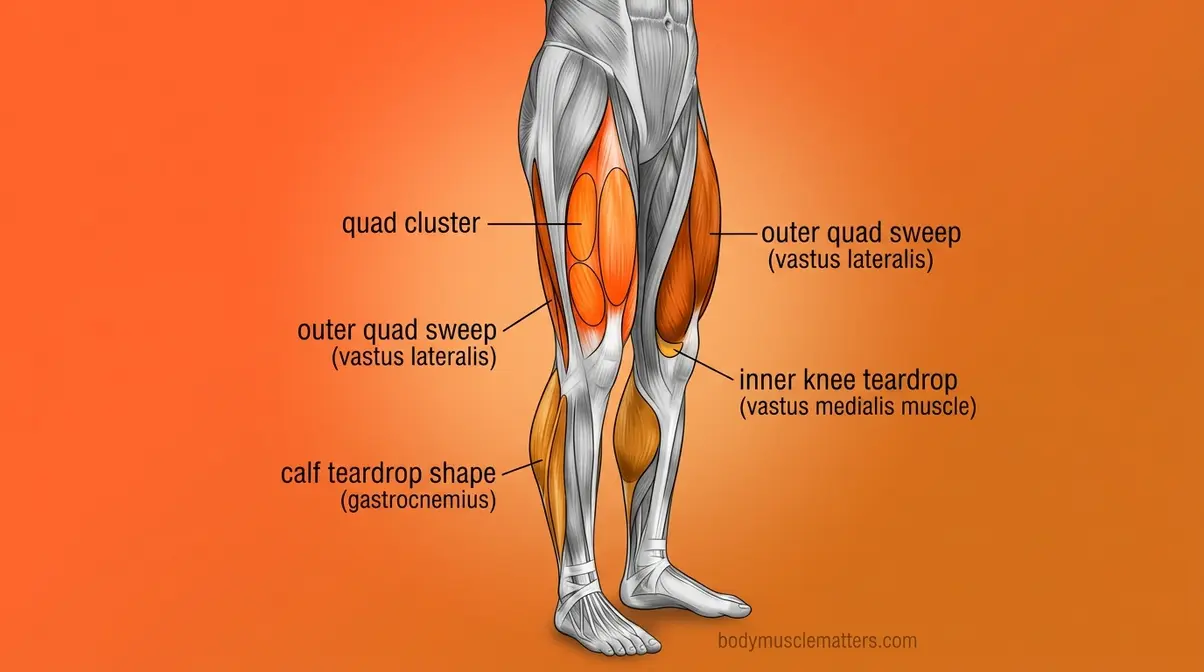 Powerful leg muscle drawing guide showing quad sweep hamstrings and calf teardrop zones for beginners