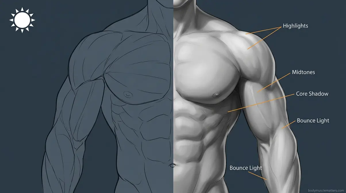 Shading muscles to look 3D demonstration showing flat line drawing versus fully shaded muscular figure